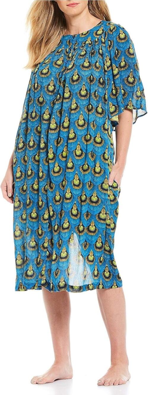 Go Softly Patio Woman Midi Dress 1X Blue Peacock Feather Rayon MuuMuu